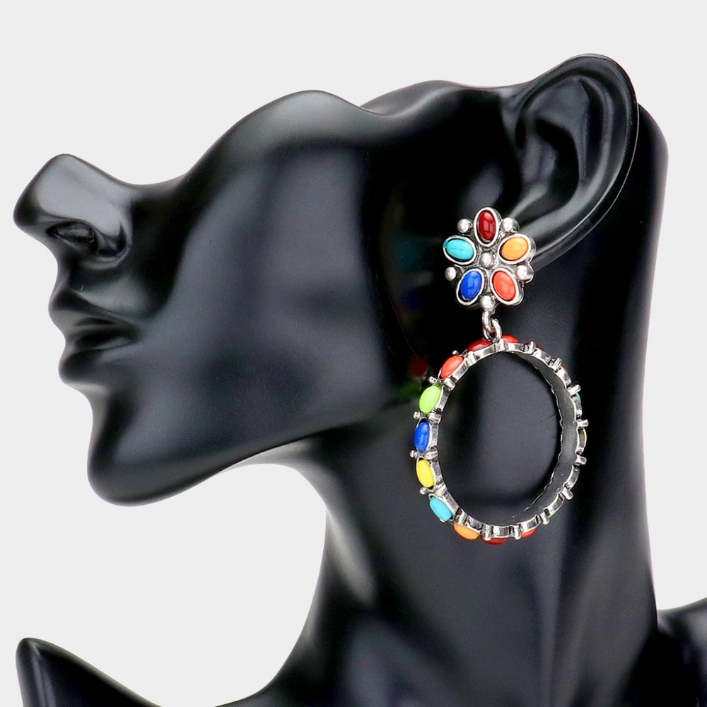 MultiColored Dangle Hoop Earrings Circle Round Colorful Natural Stone Jewelry